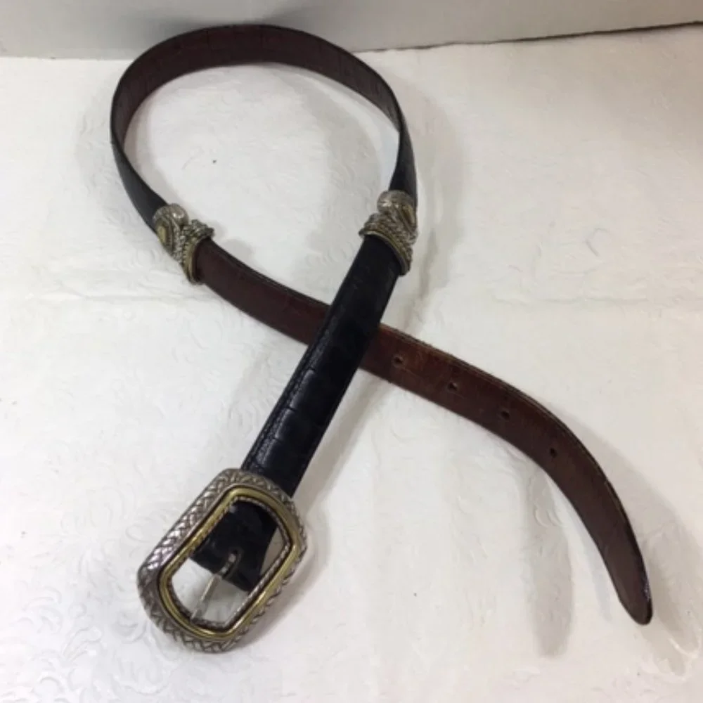 Brighton Brown Black Reversible Two-Toned Leather Croco-Look Belt Small